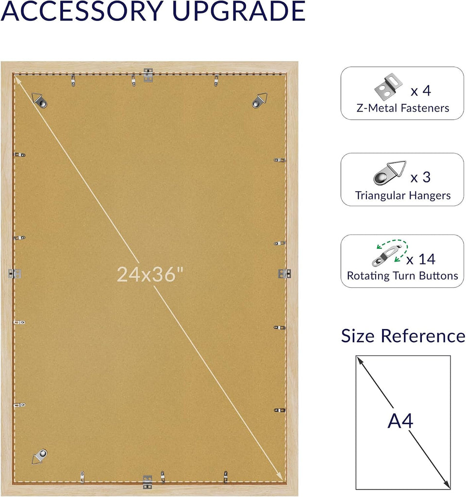 24X36 Poster Frame, Display Pictures 20X30 with Mat or 24X36 Without, Wall Hanging Frames, Natural Oak, 3 Pack