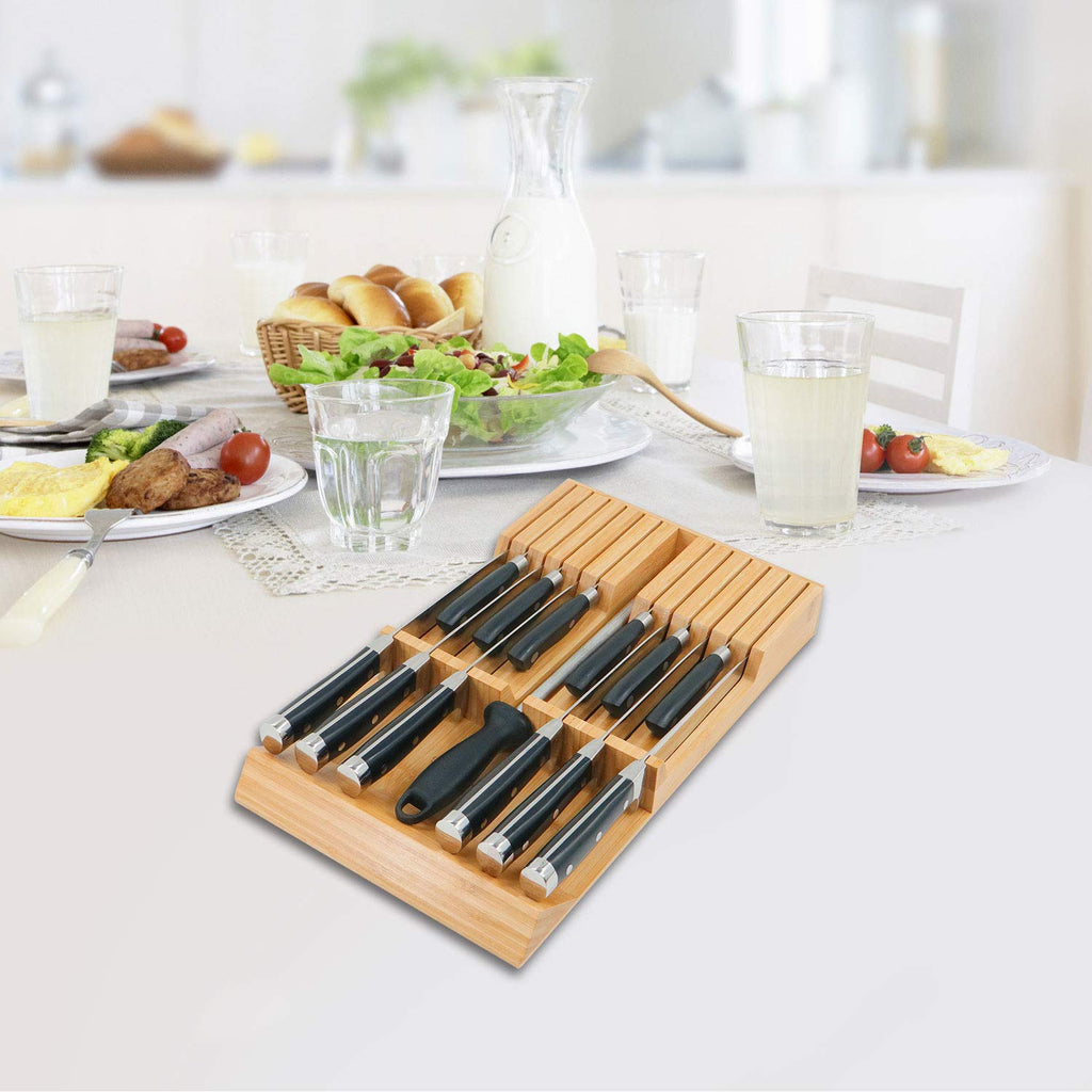 In-Drawer Knife Block Bamboo Drawer Organizer, 12 Knives Holder