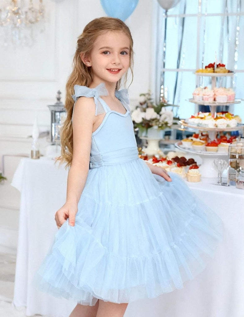 Girls Dresses Summer Sleeveless Bow-Tie Straps Party Tulle Dress