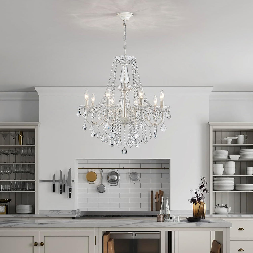 8-Light White Crystal Chandelier - Modern Candle Style Pendant Light, 26.4" W x 25.8" H