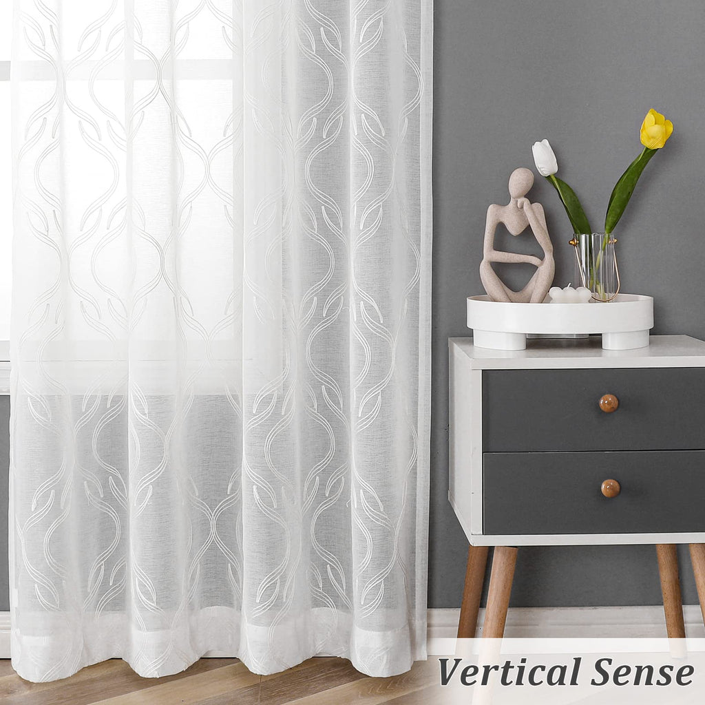 White Sheer Curtains Geometric Moroccan Embroidered 63 Inches