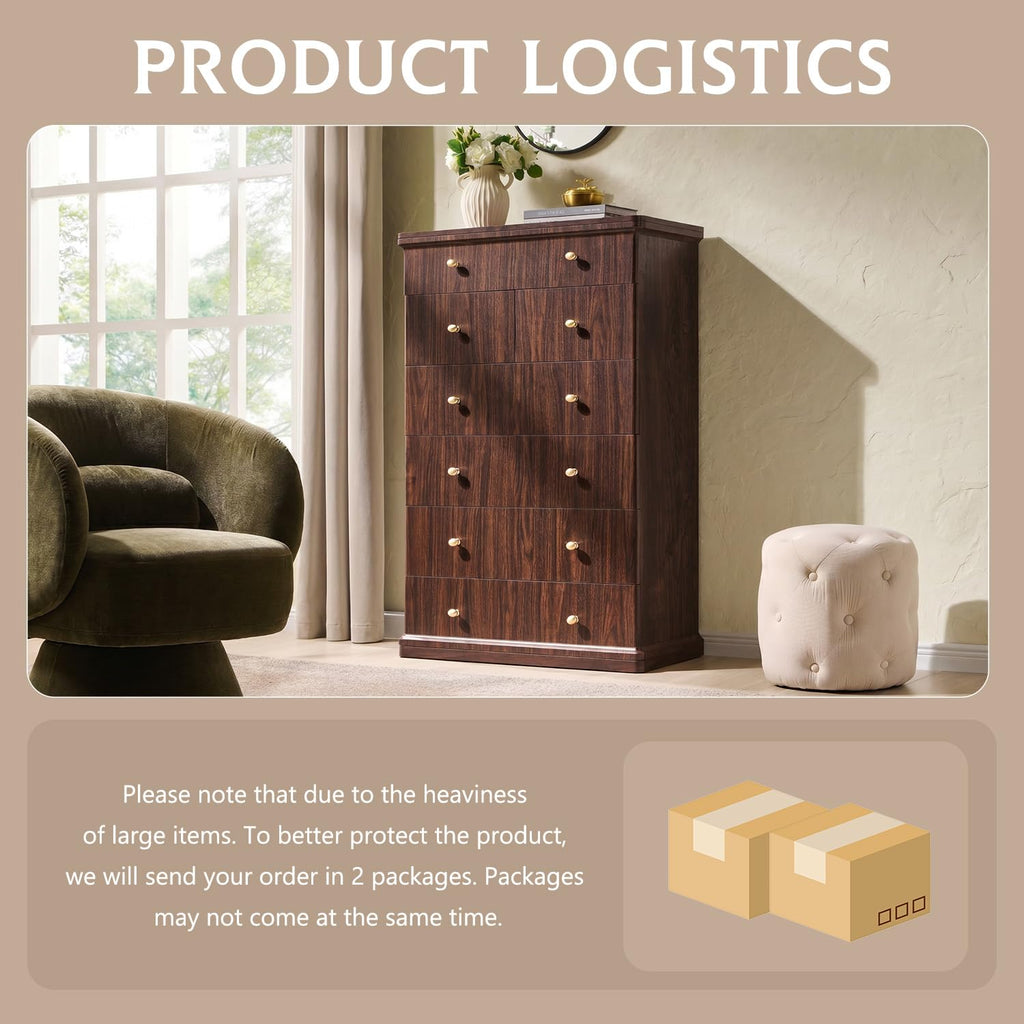 Modern 7 Drawers Dresser, 48" Tall Dressers, Dark Walnut