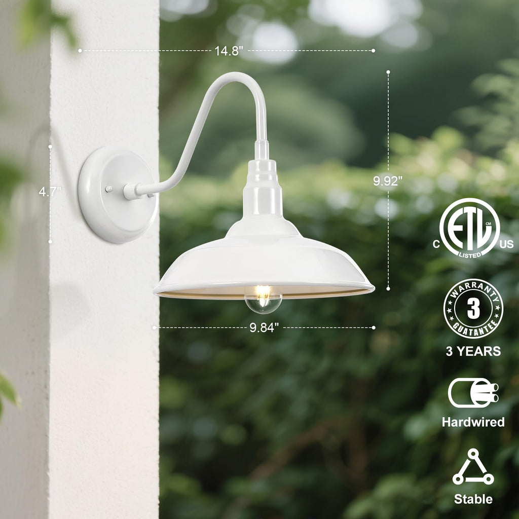 Outdoor Gooseneck Barn Light Fixture with Wall Mount, 10'' Diameter White Exterior Waterproof Wall Lantern for Porch