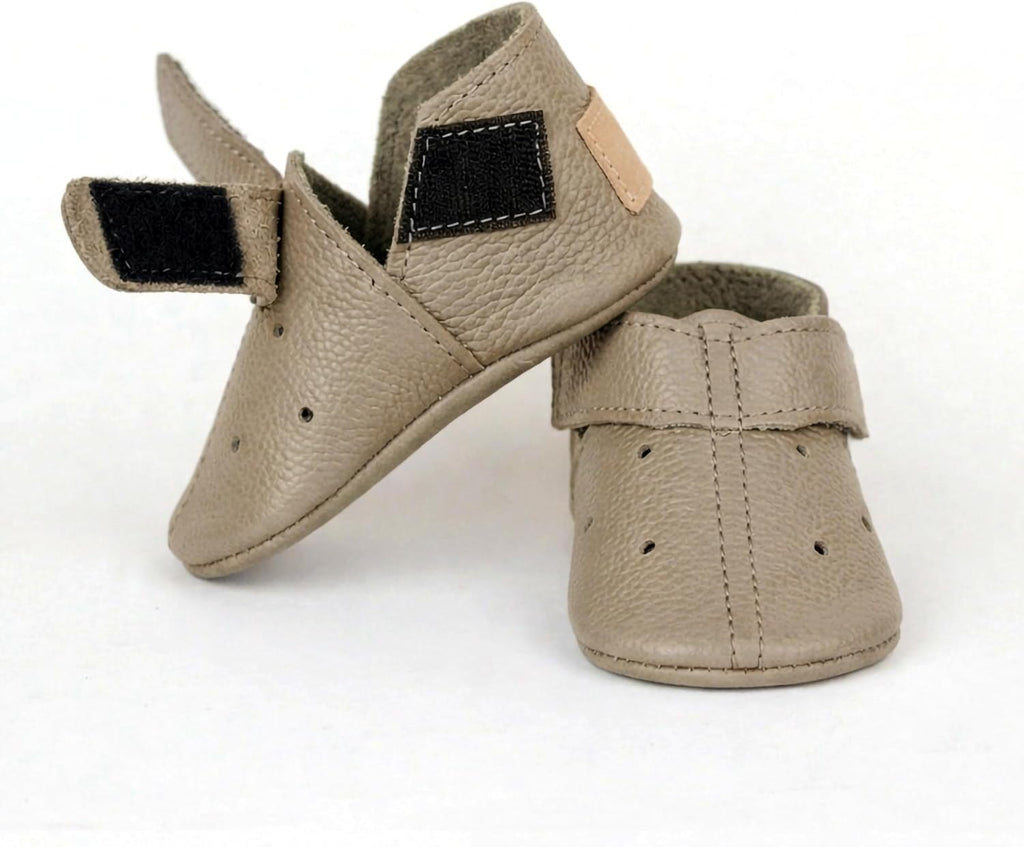 Leather Baby Booties Handmade Moccasins Soft Sole Barefoot First Walking Infant Shoes Newborn Shower Gift Boots Stone