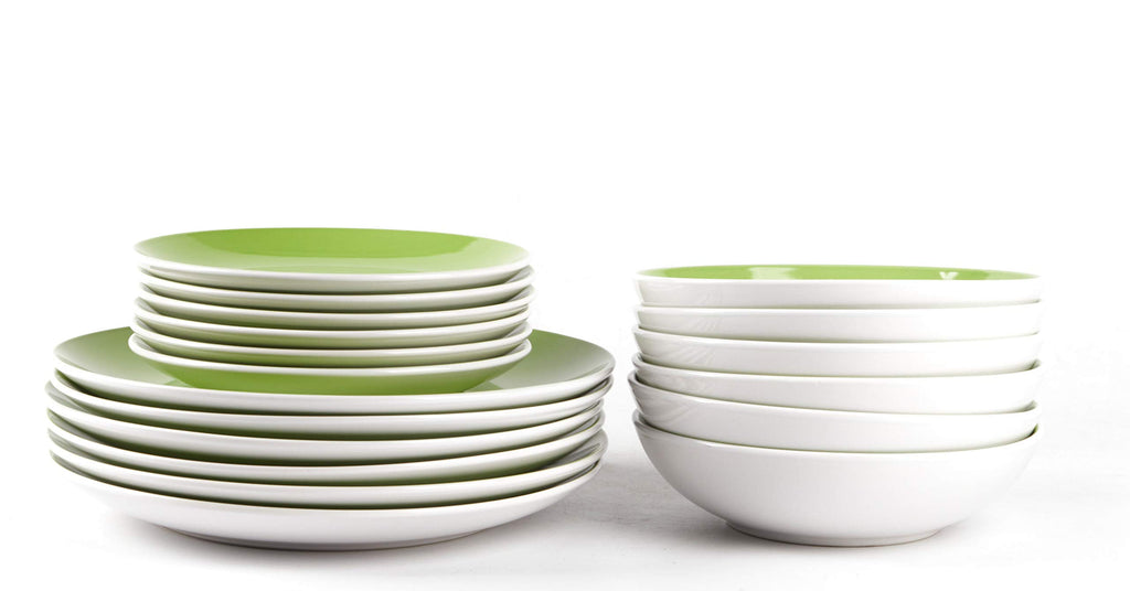 Stoneware Coupe Shape Dinnerware Set, Outside White + Inside Bamboo Color