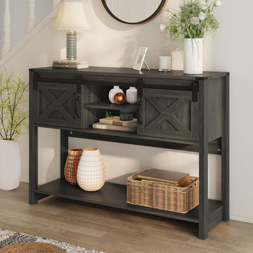 Entryway Table with Storage Cabinets, 46" Modern Farmhouse Console Table with Sliding Barn Door, Wood Rustic Sofa