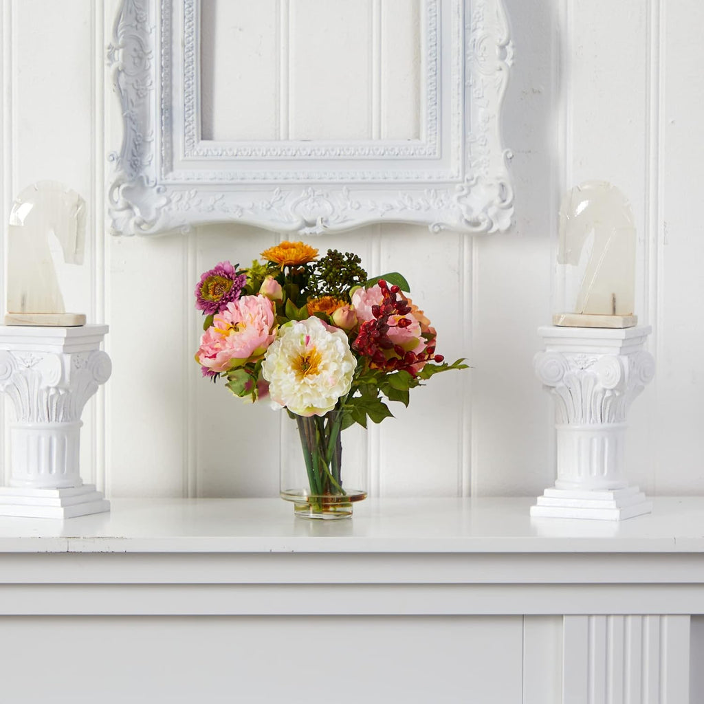 10 in Artificial Peony Arrangement in Glass Vase | Mixed Peony Faux Flower Blooms, Liquid Illusion Water in Glass