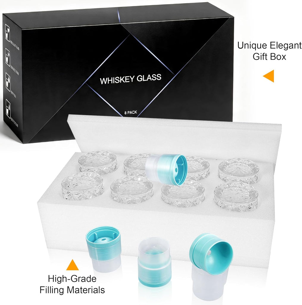 Whiskey Glasses, Set of 16 (8 Rocks Glasses 8 Whiskey Ice Ball Molds), 11 OZ Old Fashioned Glass for Bourbon Vodka