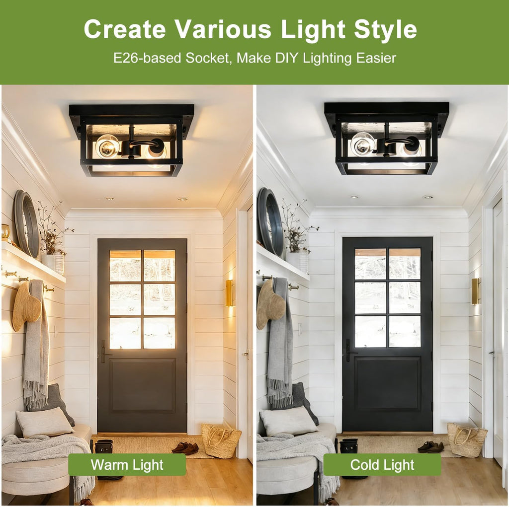 11.5in Outdoor Ceiling Light Fixture, Square Flush Mount Porch Lights, 2-Light, E26-based