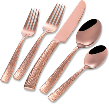 Silverware Rose Gold Hammered Heavy Flatware Set Cutlery Set Stainless Steel Mirror Finished Utensil 20 Pieces Spoons