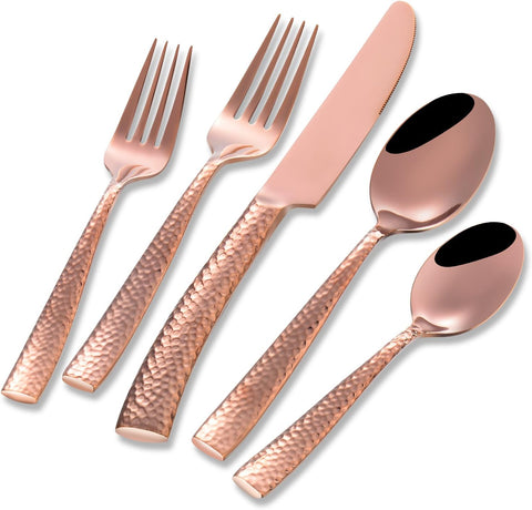 Silverware Rose Gold Hammered Heavy Flatware Set Cutlery Set Stainless Steel Mirror Finished Utensil 20 Pieces Spoons