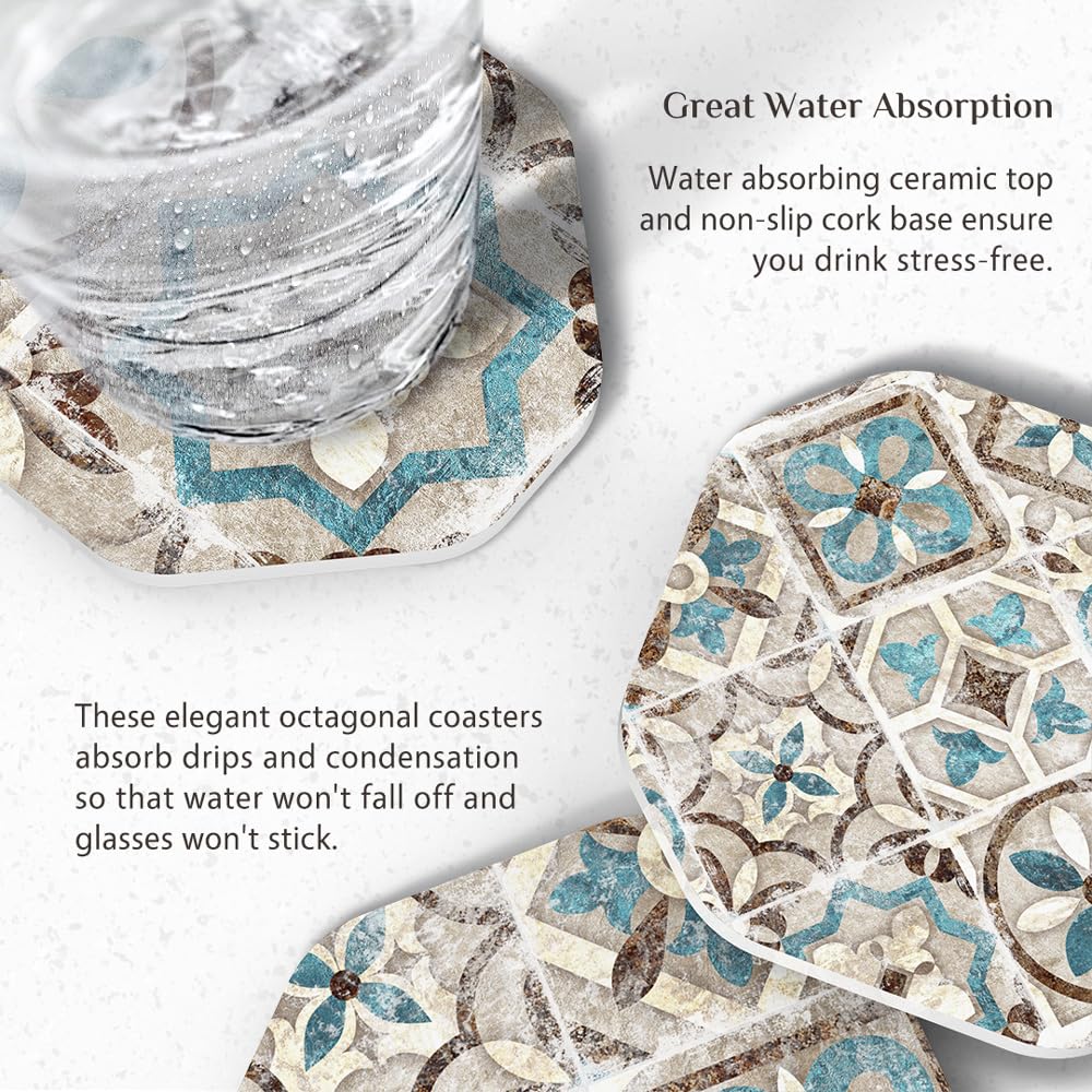 Absorbent Ceramic Stone Coasters Set of 6 with Holder, Vintage Tile