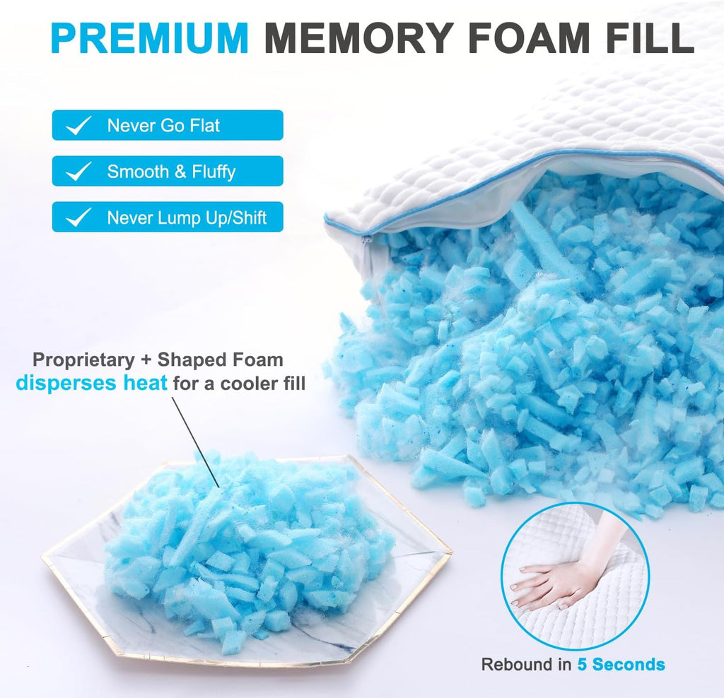 Cooling Shredded Memory Foam Bed Pillows, Standard Size, 4 Pack, 20 x 26 in | Adjustable Firm, Supportive