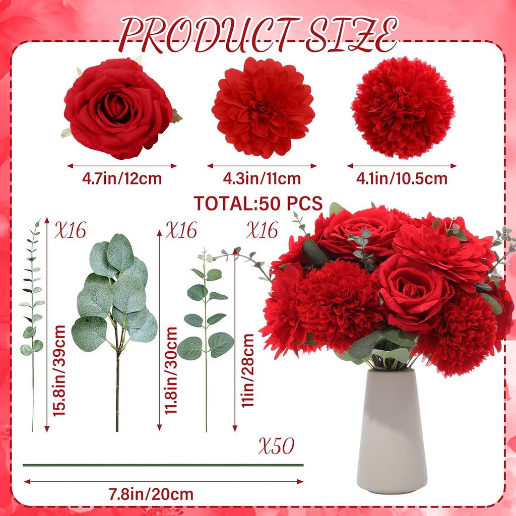 Artificial Flowers with Stems,Red Color - Set of 98