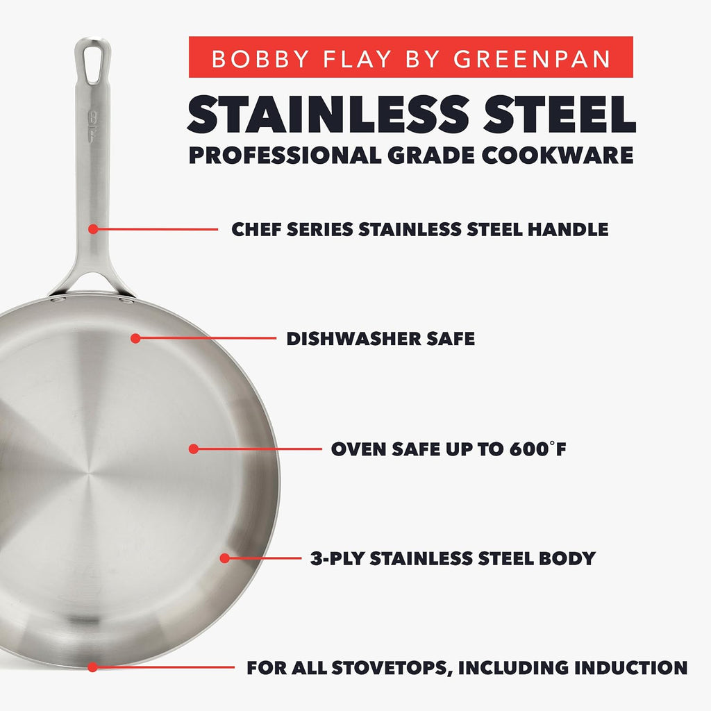 X Bobby Flay 10 Piece Stainless Steel Cookware Set, Tri-Ply Multiclad Pots & Pans, Professional Grade, Oven & Broiler