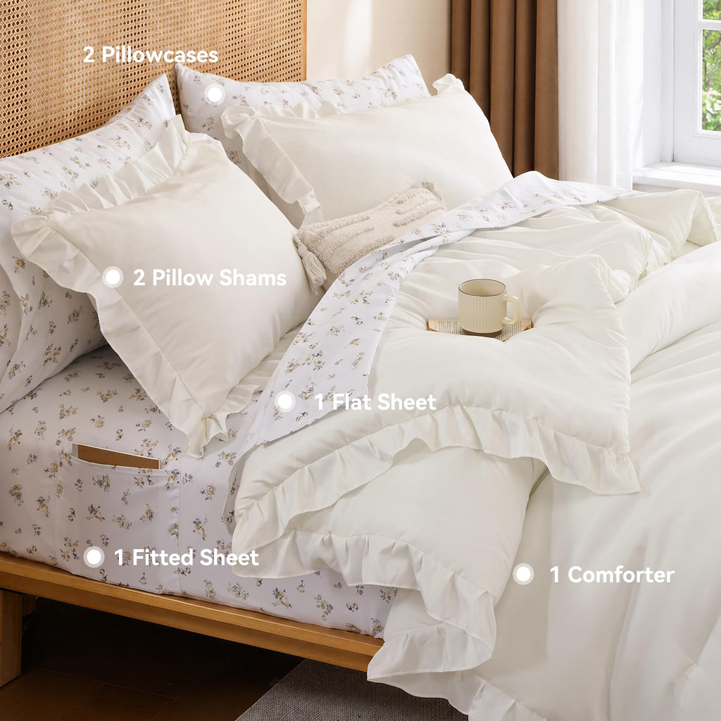 Ruffle Comforter Set with Floral Sheets 7 Pieces Cream White