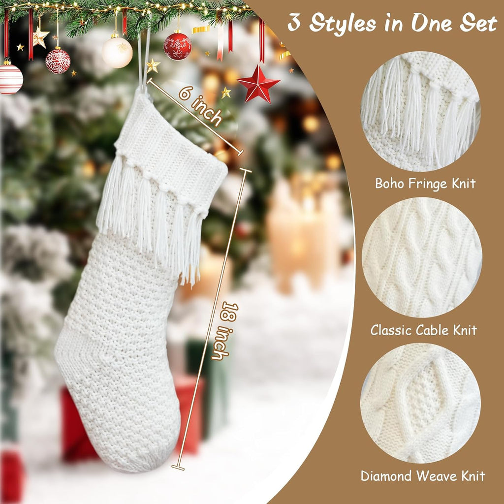 3 Pack White Farmhouse Christmas Stockings - Large 18" Rustic Boho Vintage Cable Knit Holiday Stockings, Neutral