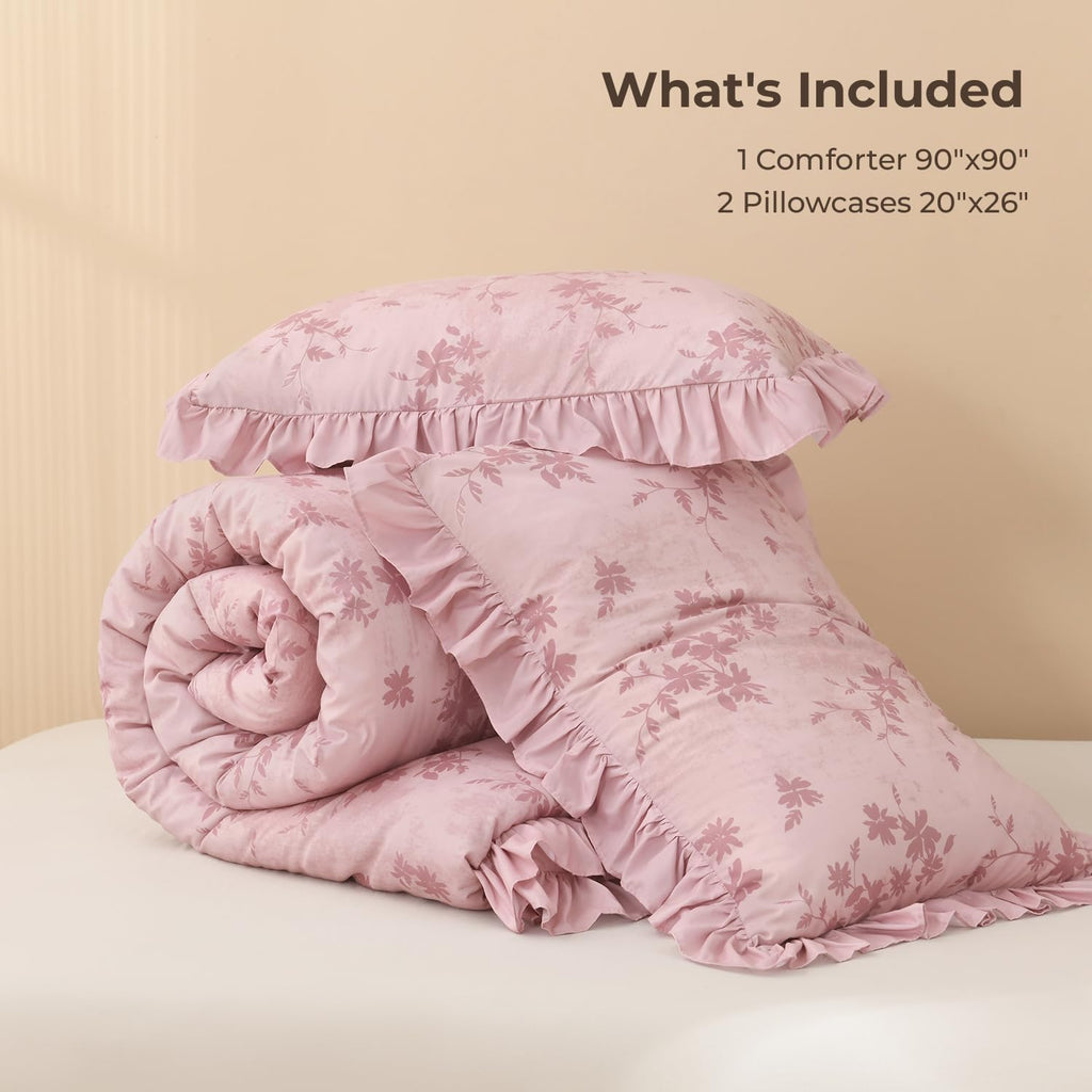 Comforter Set, 3 Pieces Grey Pink Floral Ruffle Bedding Set