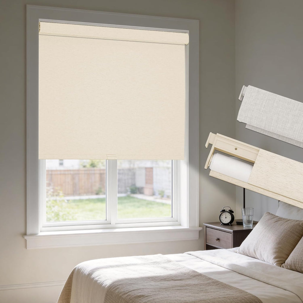 No Drill Cordless Blackout Roller Shades, Linen, | Thermal Insulation, UV Privacy Protection, Easy Install Fabric