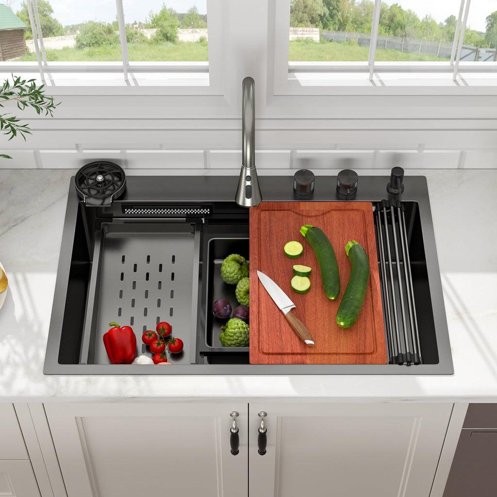 33 inch Waterfall Drop Sink Workstation with Faucet - 33x22 Black 16 Gauge Stainless Steel, Topmount Single Bowl