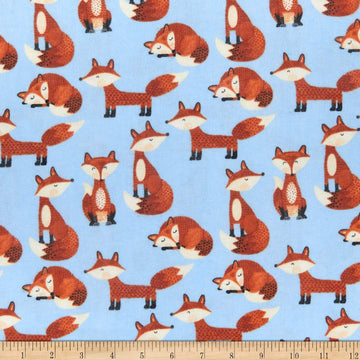 Comfy Flannel Print Foxes Blue, Fabric by the Yard
