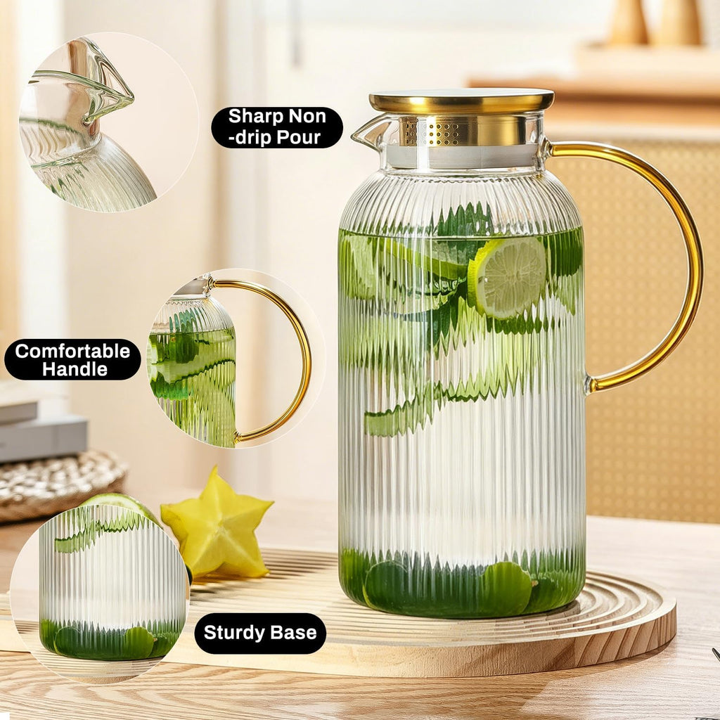 2 PACK Glass Pitcher with Lid, 68 oz/ 2L Classic Vertical Stripes Water Pitcher with Handle,Glass Water Carafe for