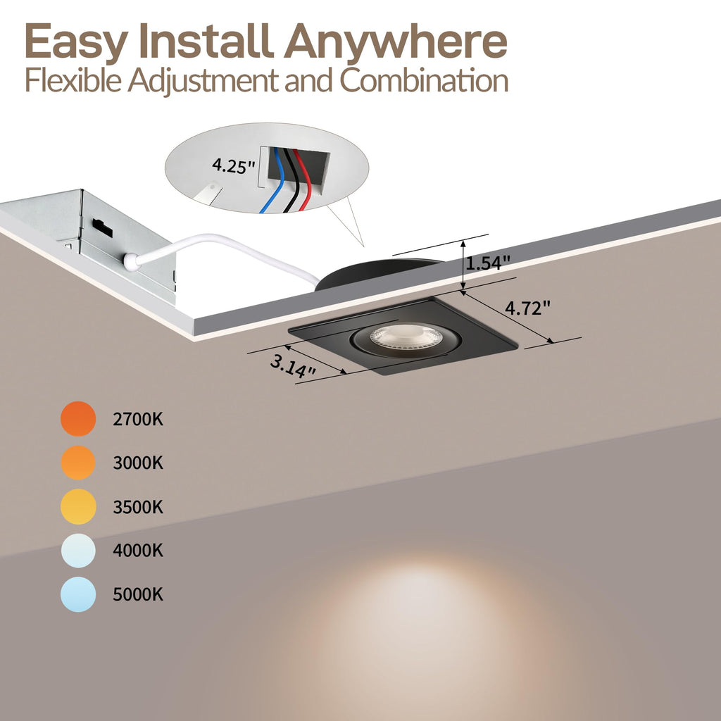 Black Square Gimbal Recessed Spot Lights 4 Inch 6 Pack,dimmable