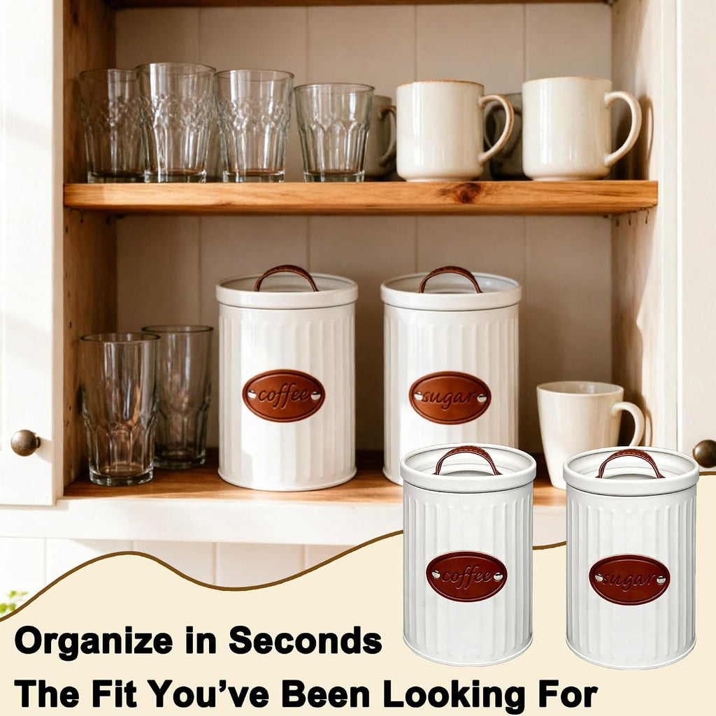 Metal Food Canister Set, 37oz, White, Airtight, for Coffee, Sugar, Beans, Pods, Rustic Farmhouse Kitchen - Set of 2