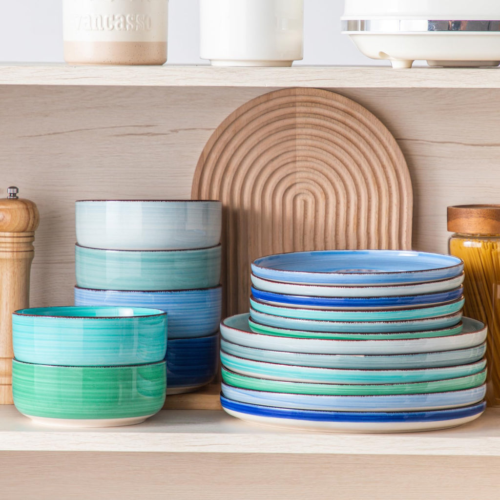 Bonita Dinnerware Sets 18 Pieces, Blue Stoneware Dishes Set for 6, Plates Set and Bowls Sets, Dishwasher and