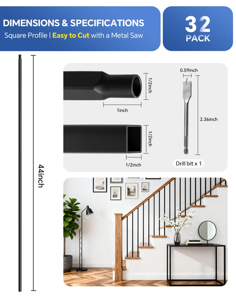 32 Pack Iron Balusters for Staircase Interior, 44 Inches Square Hollow Metal Balusters, 1/2" Wrought Iron Stair Hand