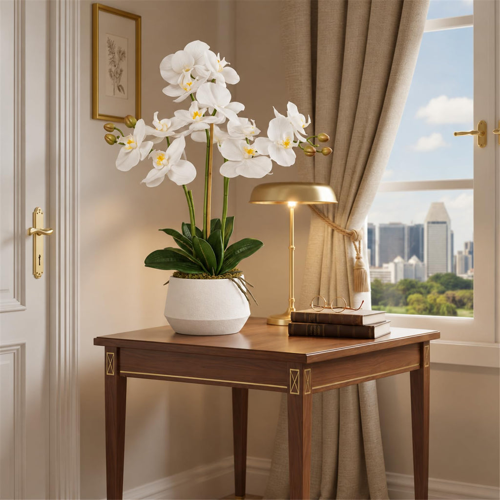 Artificial Orchid Flower Potted, 2FT White Real Touch Orchid Artificial Flowers with 4 Stems Artificial Phalaenopsis