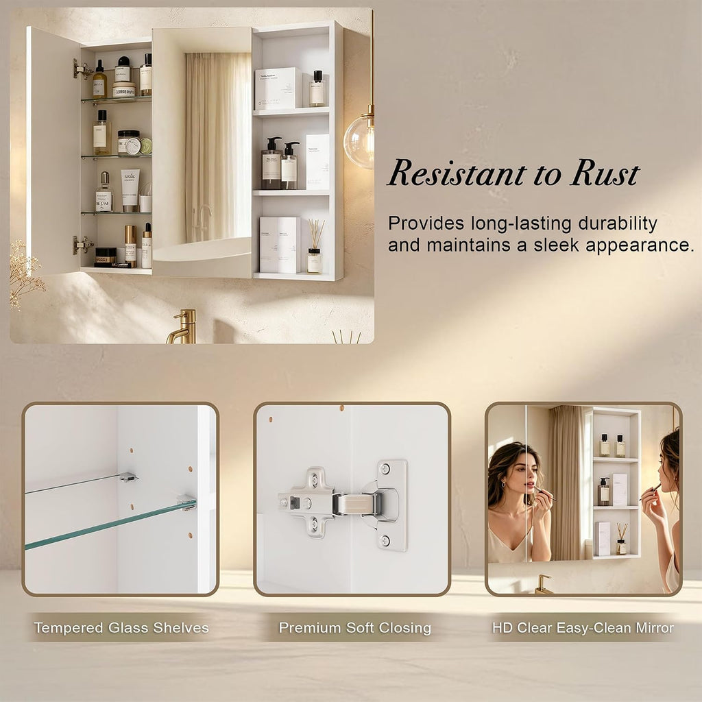 Double Door Medicine Cabinet Mirror, Wall Mount Bathroom Cabinet | Double Door Modern Surface Mount Medicine Cabinet