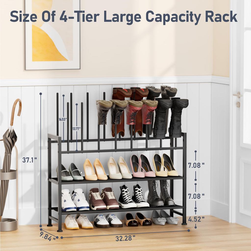 Boot Rack 4-Tier - Black Metal Boot Storage Rack for Tall Boots Organizer Tall Boots, Multiuse Shoe Rack for Boots