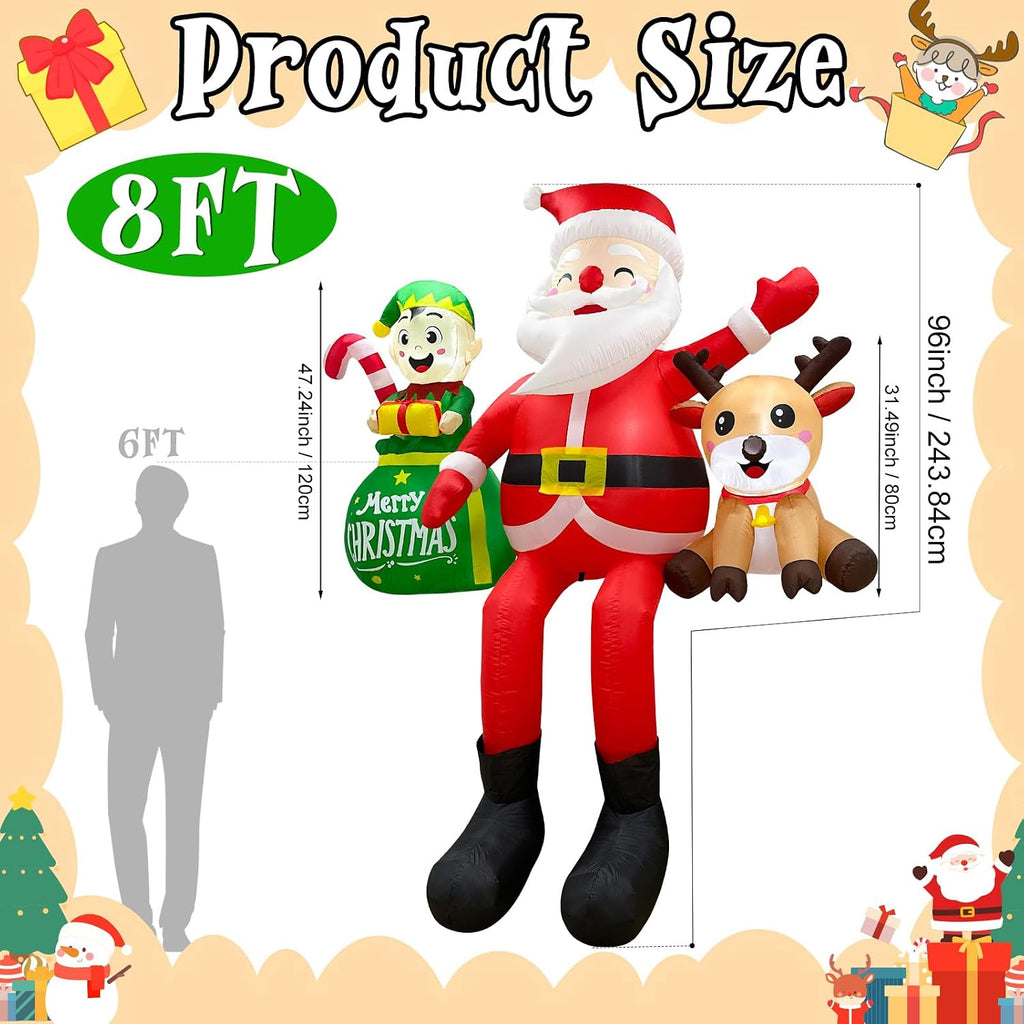 8FT Christmas Inflatables Outdoor Decoration, Climbing Inflatable Santa Claus Decor with Reindeer Elf & Built-in