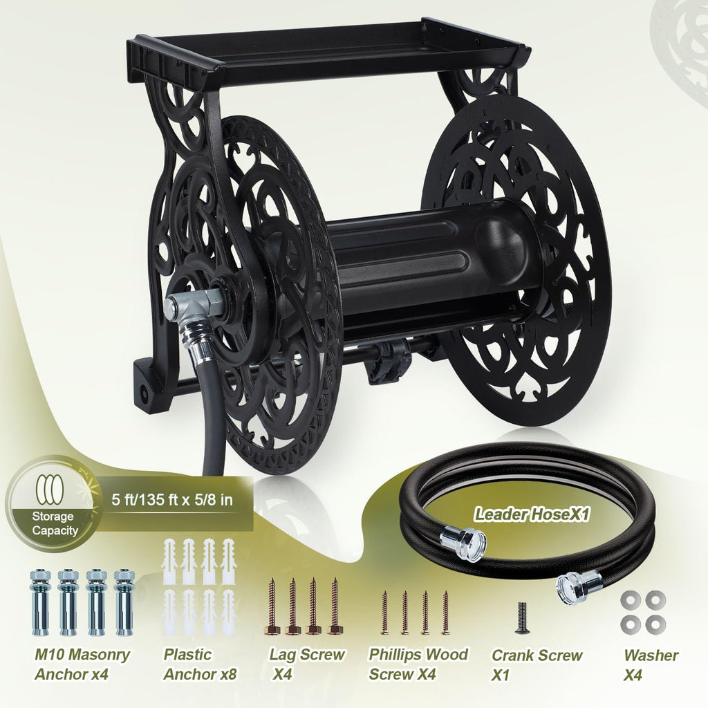 Metal Wall Mount Garden Hose Reel for Outside, Holds 125 ft x 5/8'' Hose Storage, Decorative Heavy Duty Water Hose
