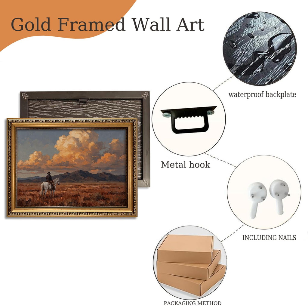 Cowboy on Horse Wall Art Western Canvas Prints, 12x16in, Gold Framed