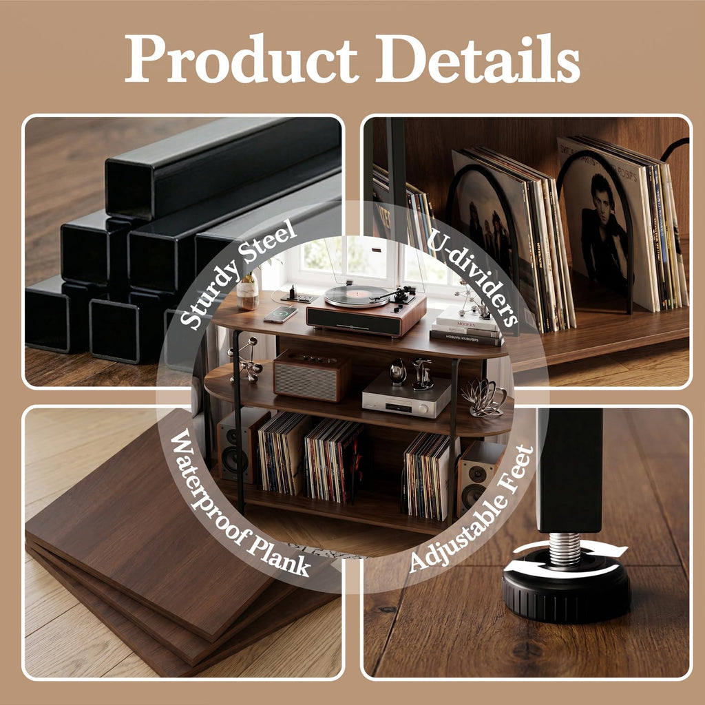 Vinyl Record Player Stand with Power Outlets, 43.3" Mid Century Turntable Stand Console Table, 3-Tier Arc Record