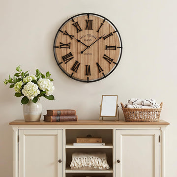 Inch Modern Farmhouse Wall Clock, Warm Wood-Tone Dial with Black Metal Outer Ring, Silent Non-Ticking Quartz