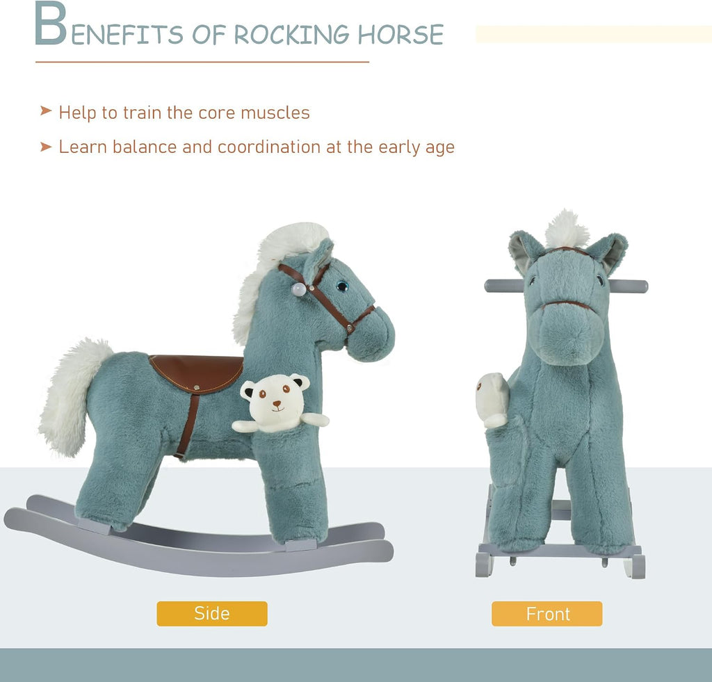 Kids Rocking Horse with Bear Toy Fun Realistic Sounds Toddler Blue