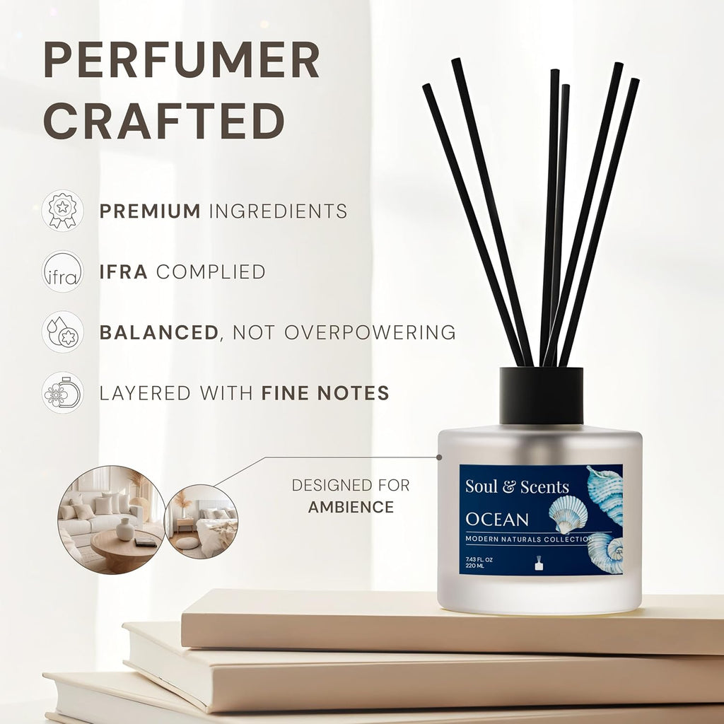 Reed Diffuser Set - Ocean | 7.43 oz Refillable Scented Oil with 6 Fiber Sticks | Long-Lasting Home Fragrance & Air