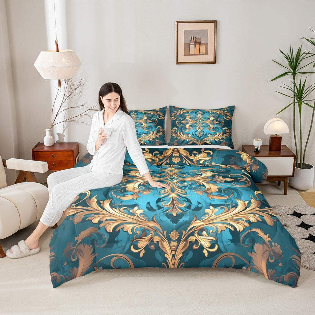 Hippie Damask Print Bedding Set Full Size, Flowers Vintage Fashion Comforter Set for Women Men Adults, Exotic Aztec