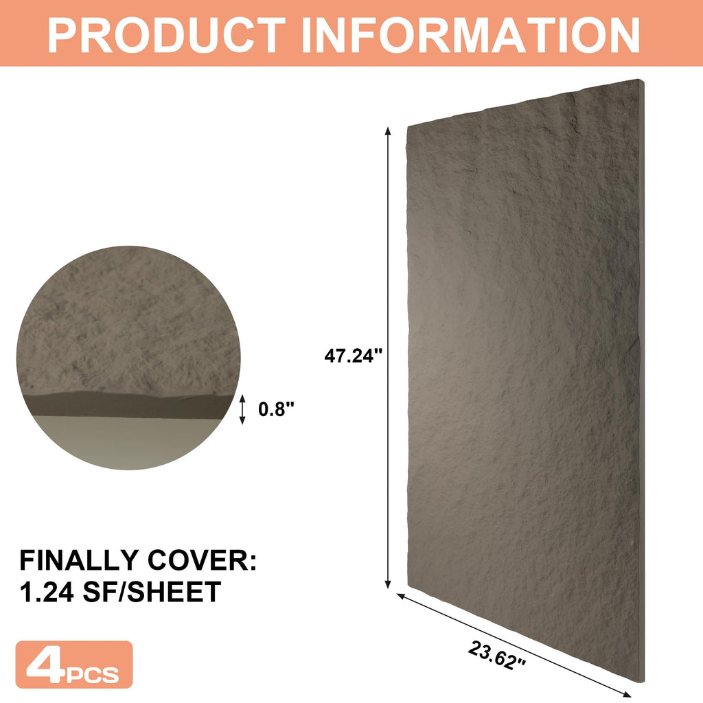 3D Faux Stone PU Wall Panels for Interior Decor, 4 Pieces, Grey