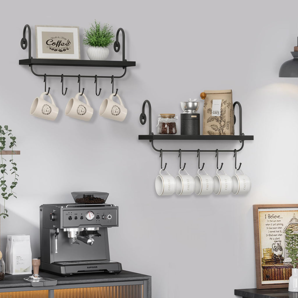 Floating Wall Shelves Bathroom Coffee Nook with 10 Adjustable Hooks for Mugs Cooking Utensils or Towel Rustic Storage