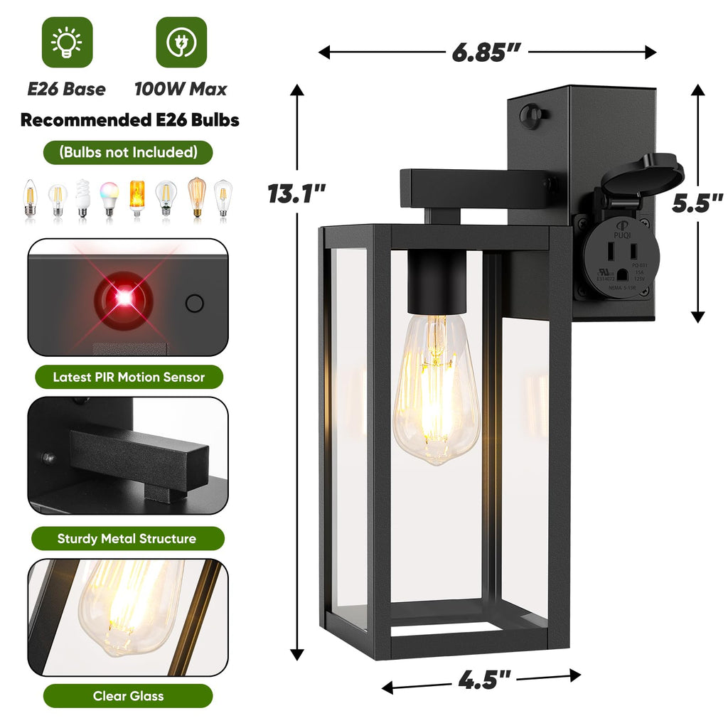 2-Pack Upgraded Motion Sensor Porch Lights with Outlet, Black