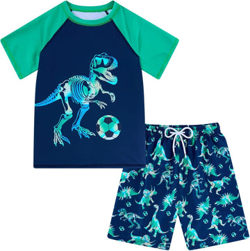 Boys Short Sleeve Rash Guard Swimsuit Set with Swim Trunks
