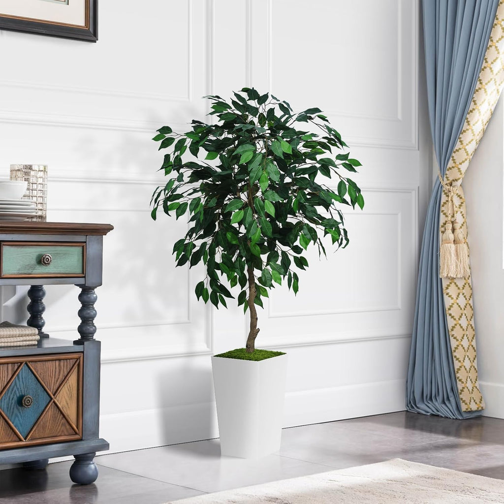 Artificial Ficus Tree 5FT - Faux Indoor Tree with White Tall Planter - Fake Ficus Floor Plant Potted - Artificial