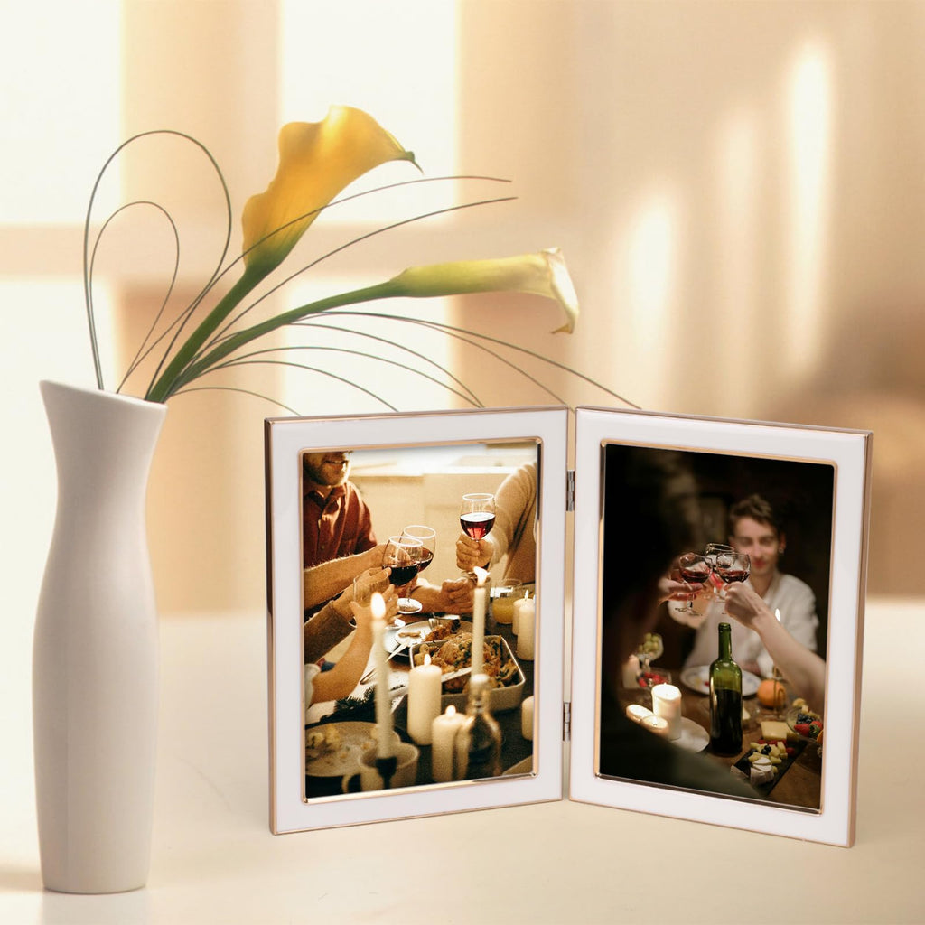 5x7 Double Picture Frame, Tempered Glass, White Enamel