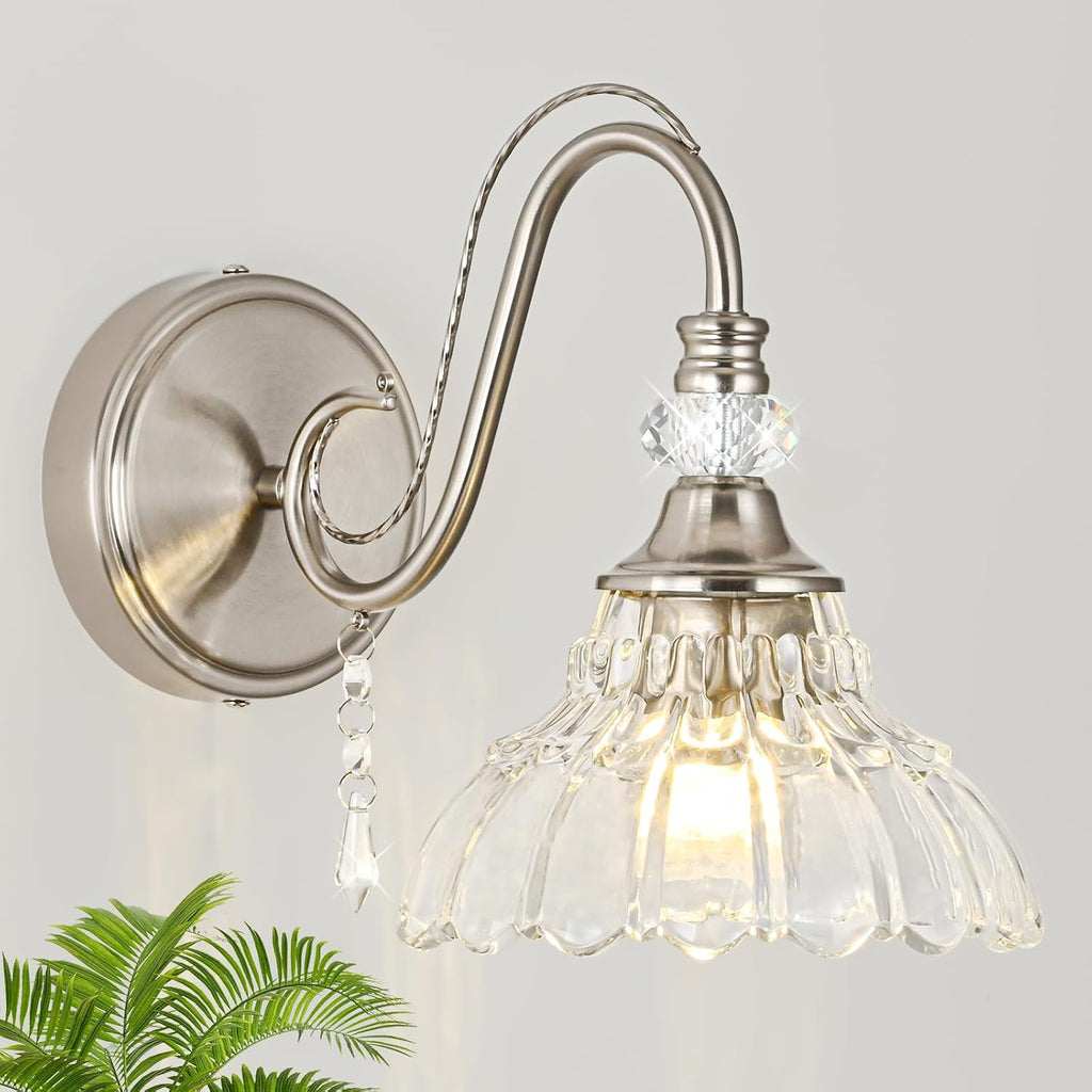 1 Piece Brushed Nickel Finish Wall Sconce, 1-Light Modern Wall Sconce with Hanging Crystal Accents and Flower-Shaped