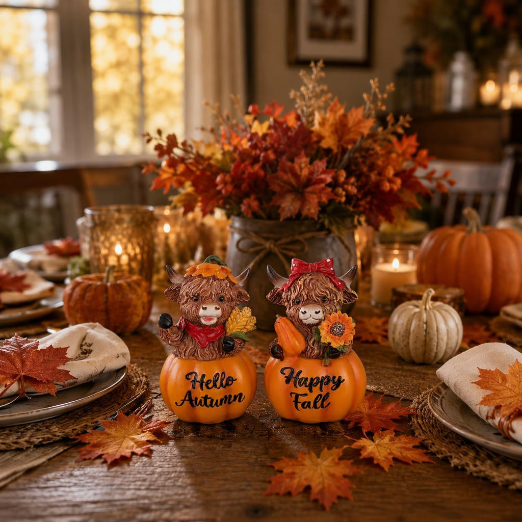 Fall Decorations, Resin Highland Cows Figurines for Fall Decor, Rustic Pumpkin Harvest Ornaments - Set of 2