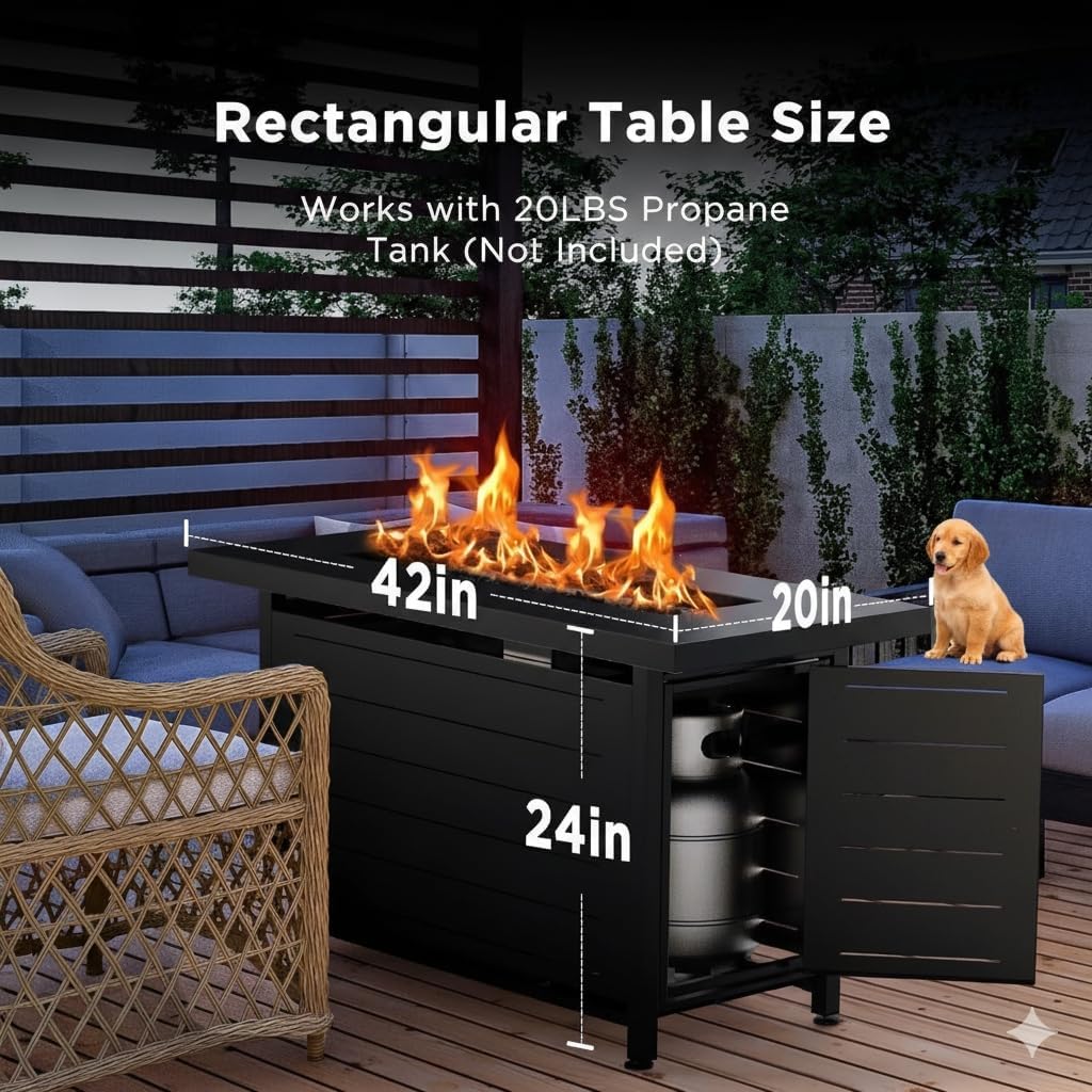 42 Inch Gas Fire Pit Table, 60,000 BTU Propane Pits for Outside with Steel Lid and Lava Rock
